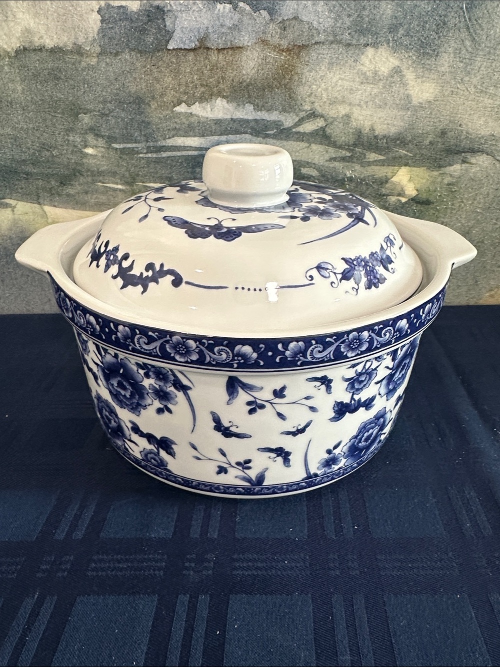 Vintage Formalities Baum Bros Blue Rose Covered Casserole Serving Porcelain Dish